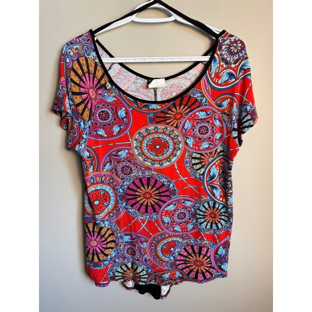 Clientele Short Sleeve Mandala Print Scoop Neck Top M Boho Psychedelic Hippie